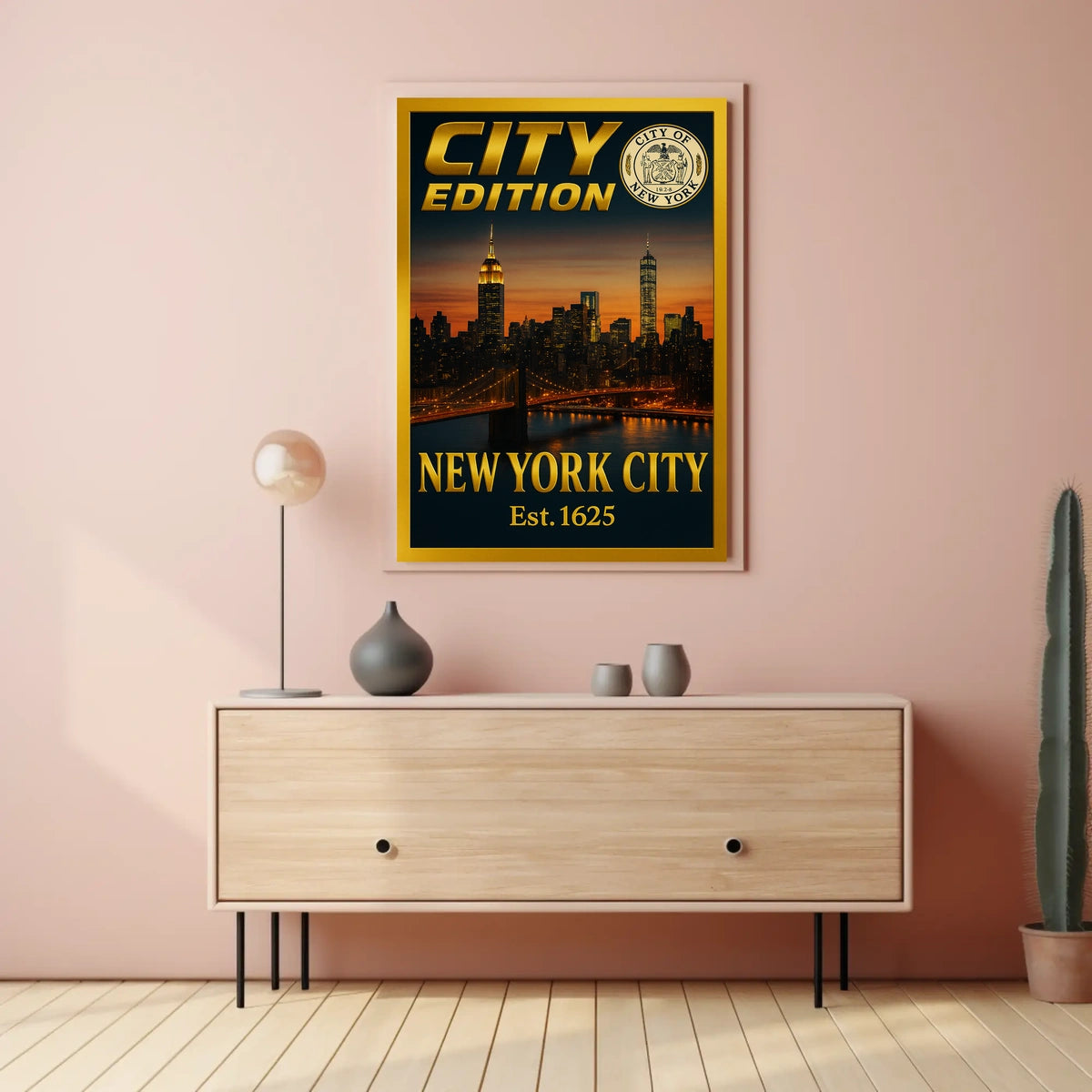 New York City Skyline Sunset Poster Vintage Wall Art