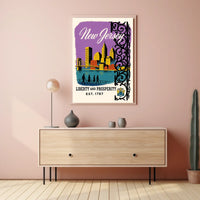 New Jersey Cityscape Bridge Purple Sky Vintage Poster