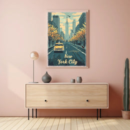 New York City Autumn Taxi Skyline Poster Vintage Wall Art
