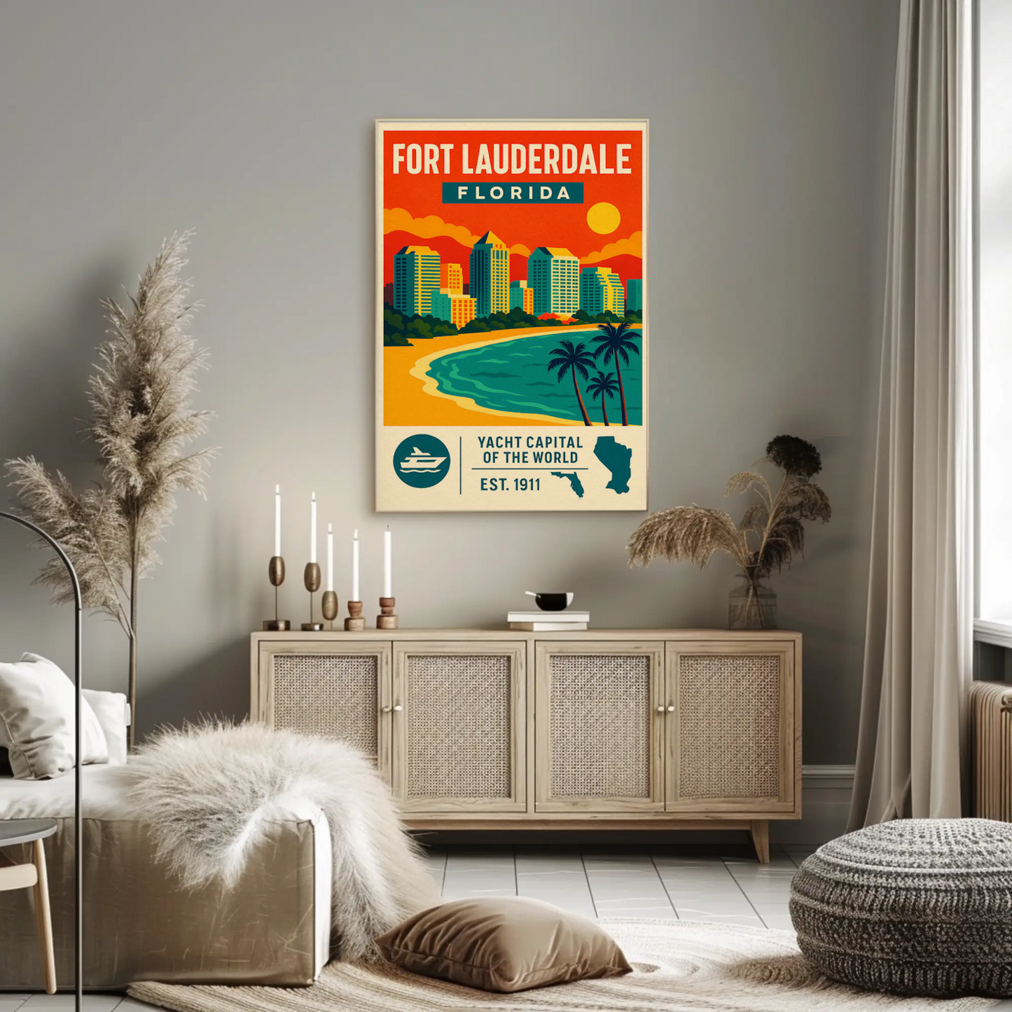 Fort Lauderdale Florida Skyline Palms Sunset Travel Poster