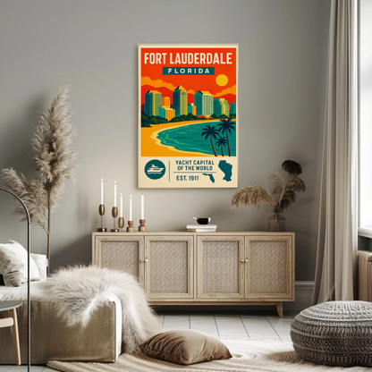 Fort Lauderdale Florida Skyline Palms Sunset Travel Poster