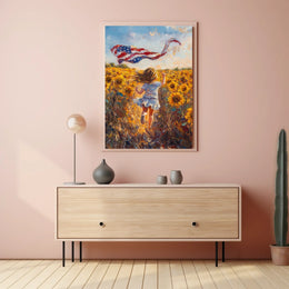 Child Running Through Sunflower Field At Golden Hour Poster