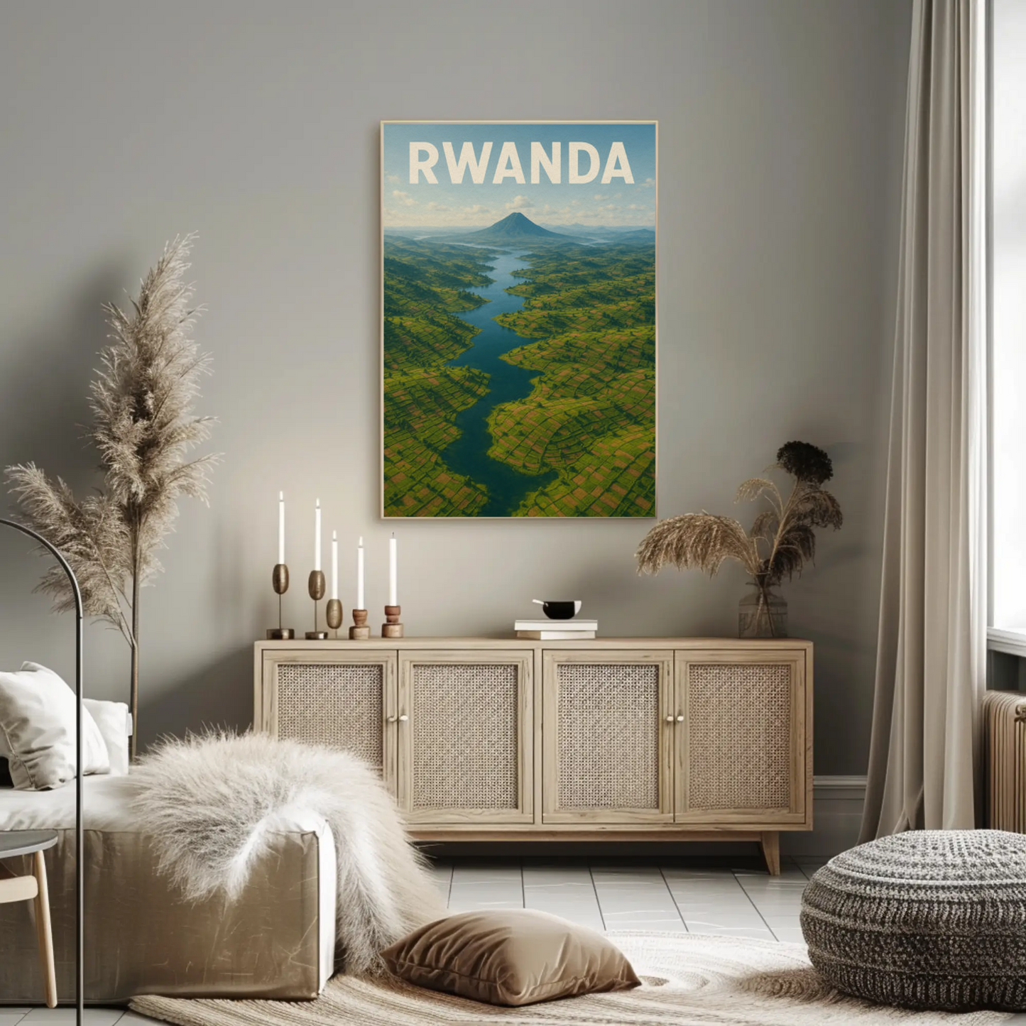 Rwanda Volcano Valley River Aerial Travel Poster