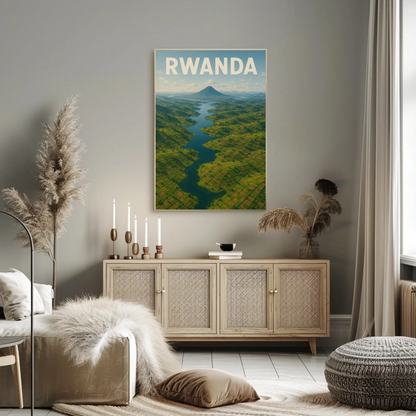 Rwanda Volcano Valley River Aerial Travel Poster