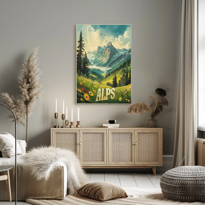 Alps Mountain Meadow Light Rays Forest Travel Poster