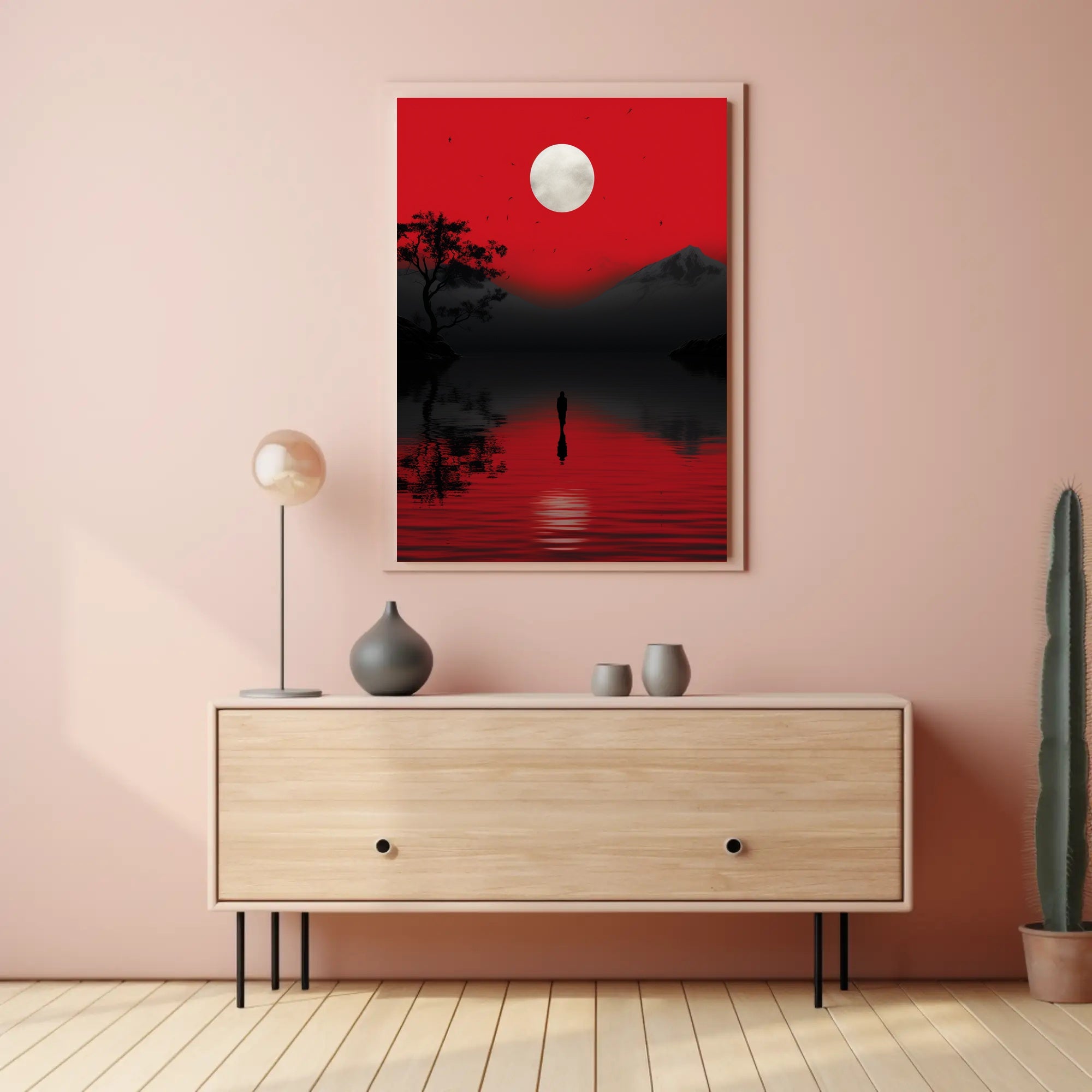 Solitary Reflection Under A Crimson Sky Poster