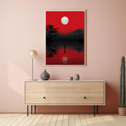 Solitary Reflection Under A Crimson Sky Poster