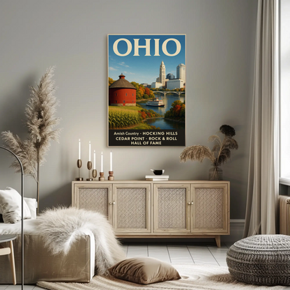 Ohio Scenic River Ferry Rural Landscape Americana Travel Poster