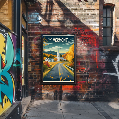 Vermont Vintage Poster - Autumn Road & Church