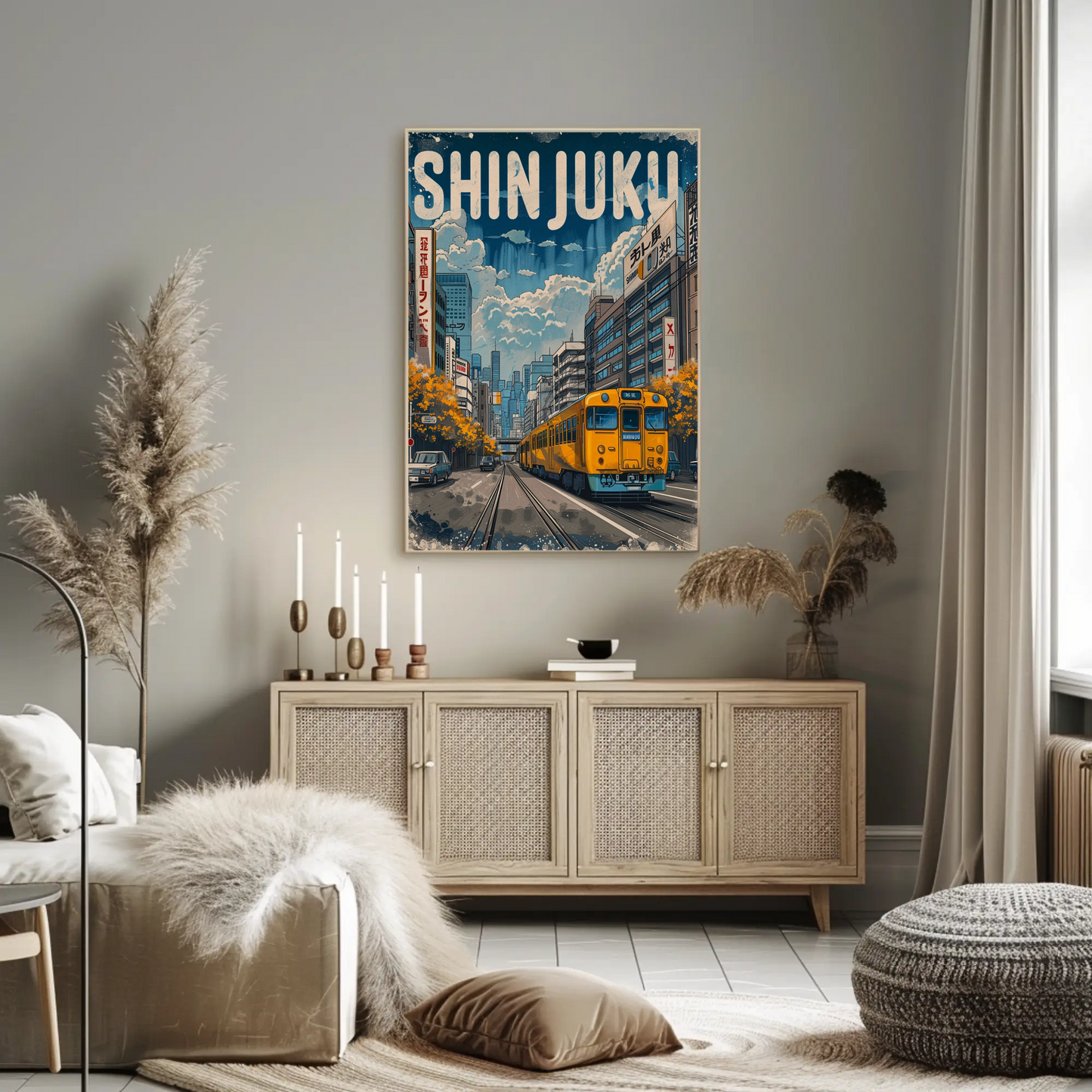 Shinjuku Tokyo Yellow Train Street City Travel Poster