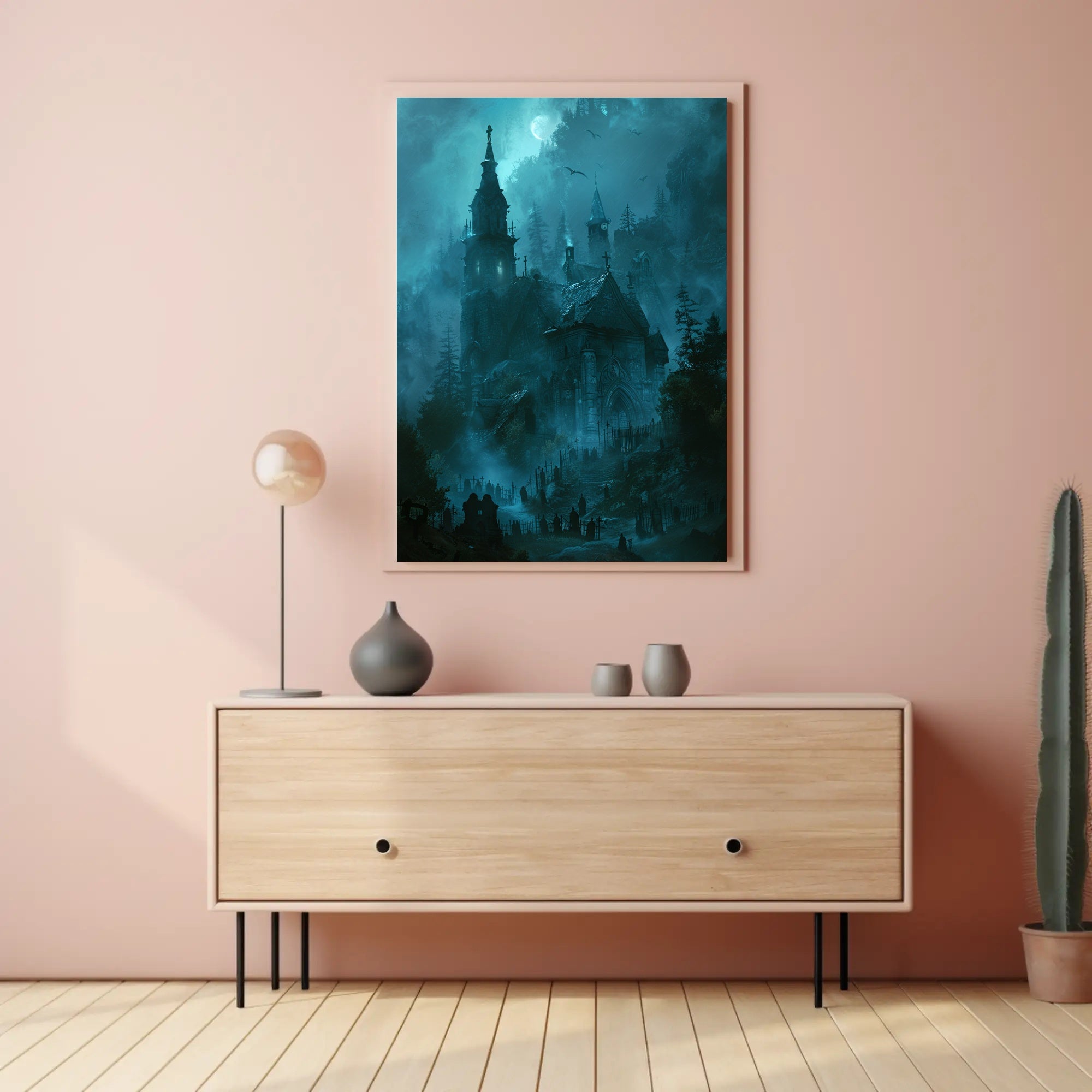 Gothic Church and Graveyard Eerie Landscape Poster PosterGoat