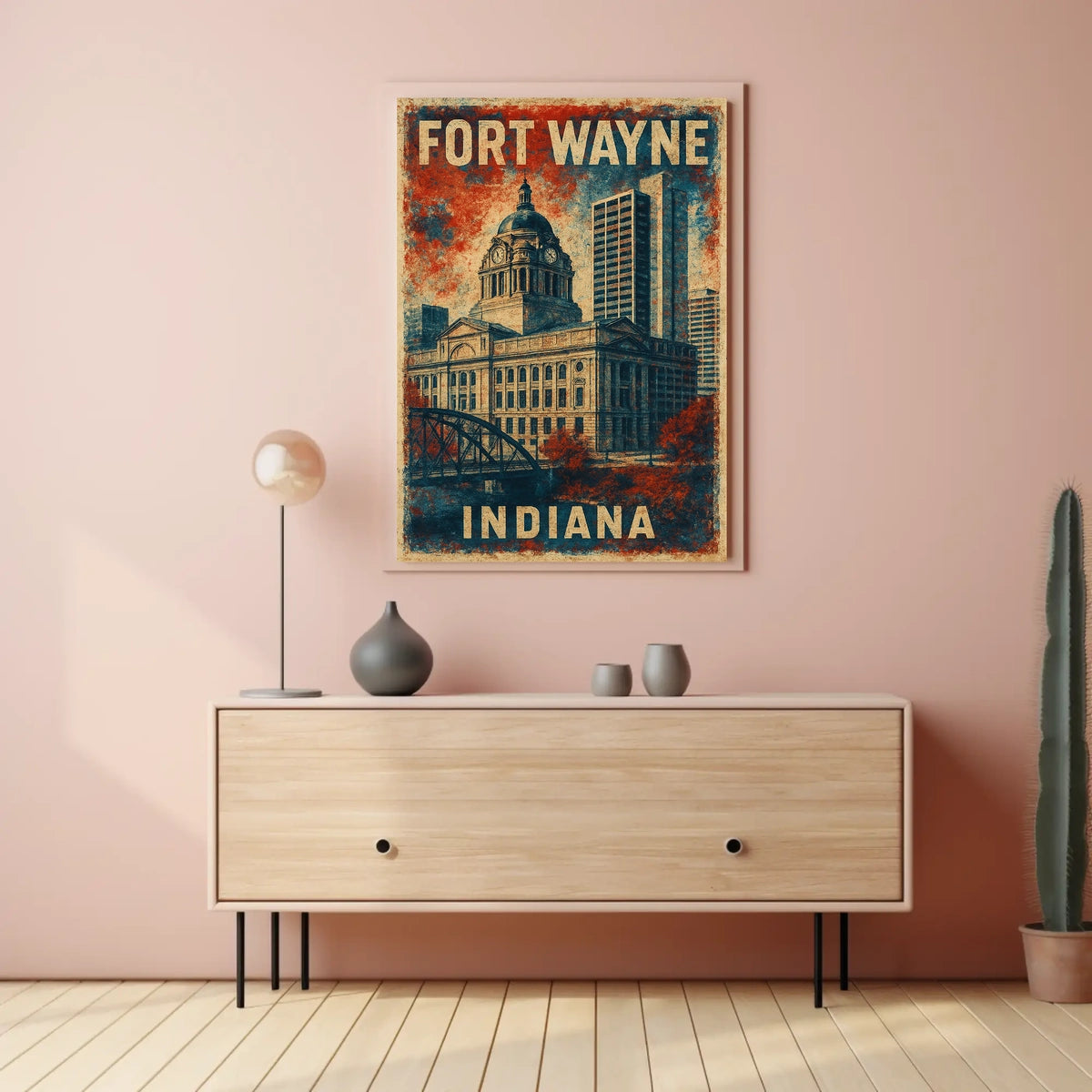 Fort Wayne Indiana Cityscape Vintage Wanderlust Poster