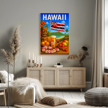 Hawaii Flag Fruits Tiki Beer Music Travel Poster
