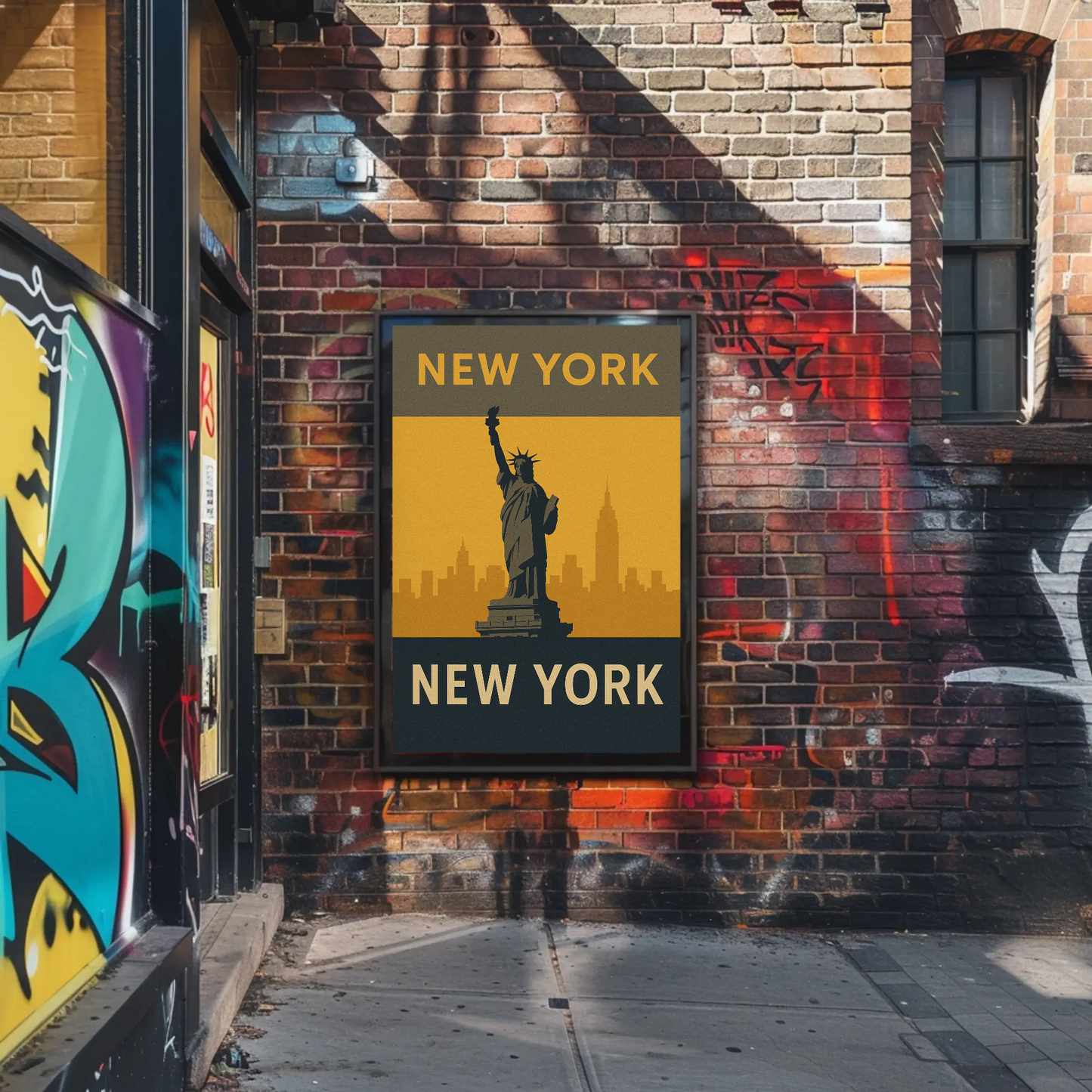 New York City Statue Skyline Yellow Vintage Travel Poster