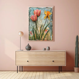 Blooming Springtime Tulips and Daffodils Abstract Artistic Poster PosterGoat