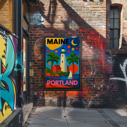 Maine Portland Lighthouse Sailboats Palms Vintage Travel Poster