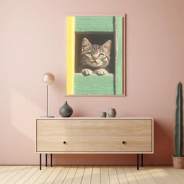 Curious Cat Window Poster Charming Whimsical Print