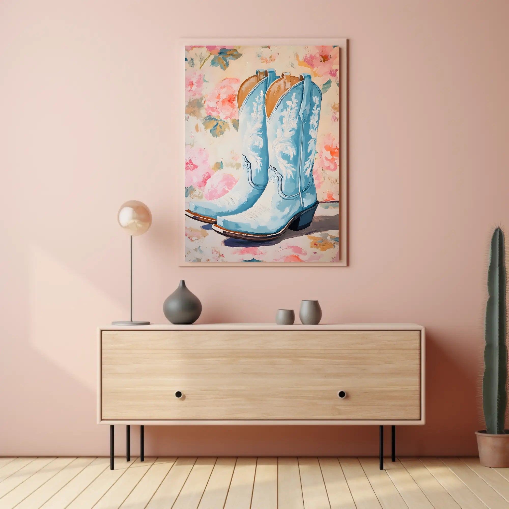 Blue Cowboy Boots Poster Vintage Floral Wall Art