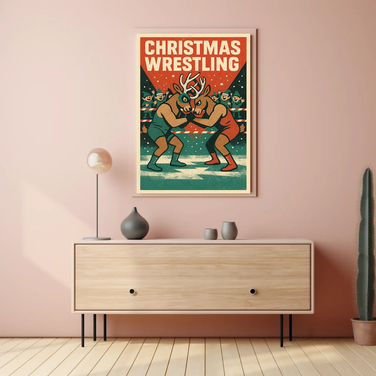 Christmas Wrestling Reindeer Vintage Sports Poster