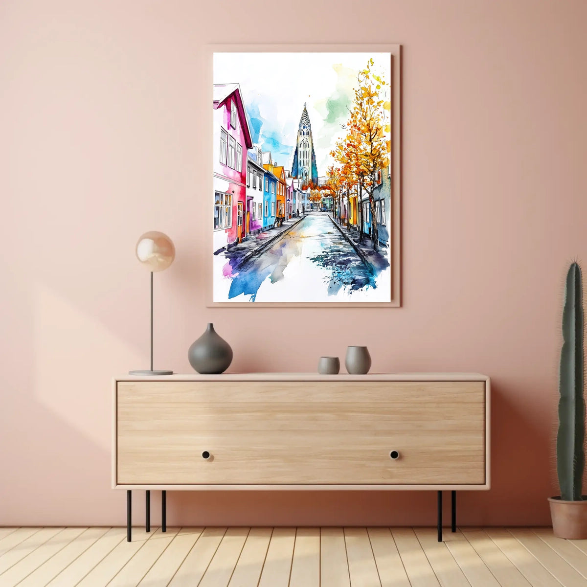 Iceland Reykjavik Colorful Street and Hallgrimskirkja Poster