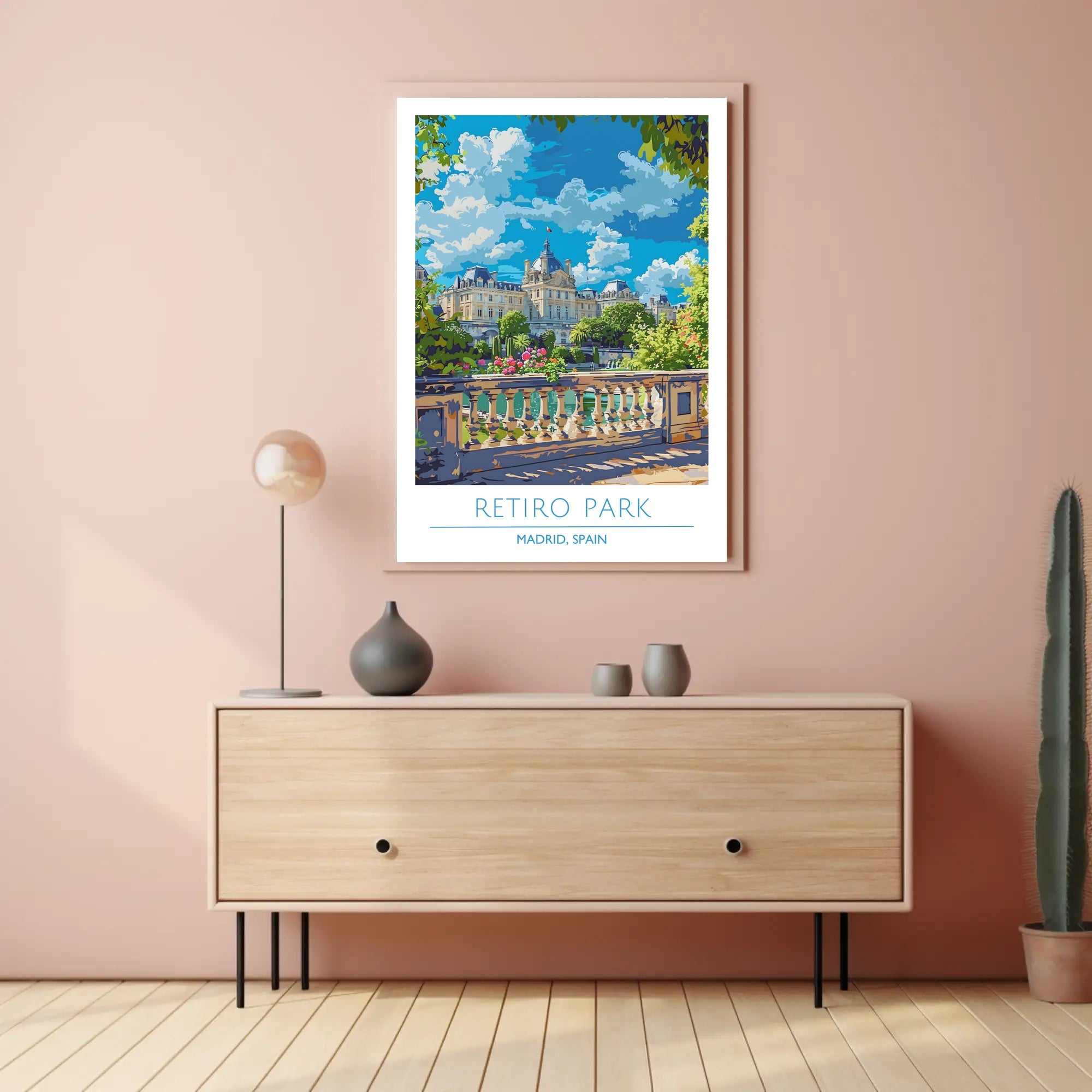 Retiro Park in Madrid vibrant travel illustration poster
