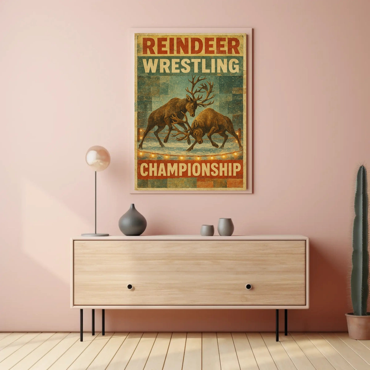Reindeer Wrestling Retro Print: Vintage Sports Poster