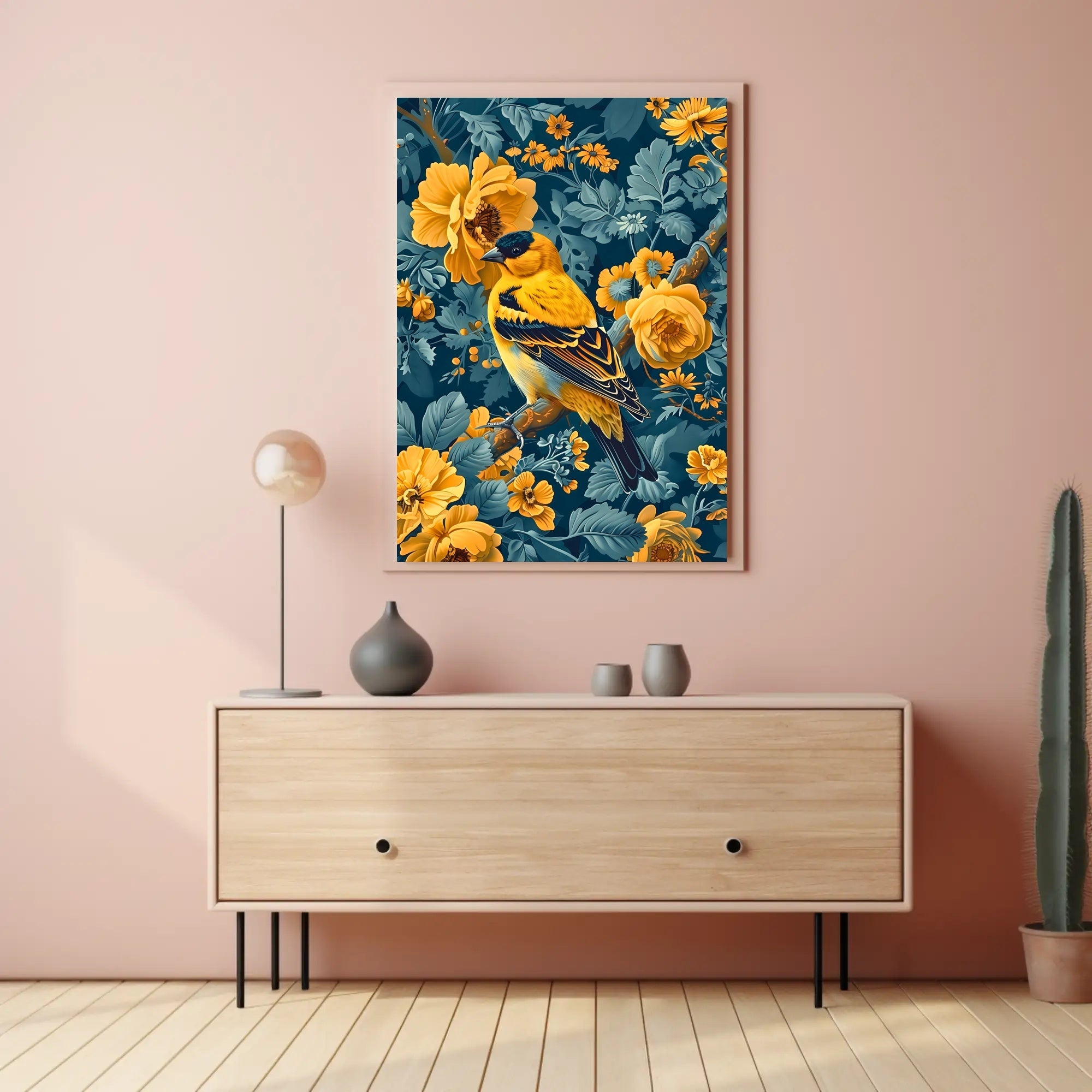 Golden Songbird Wall Art Amidst Blossoms