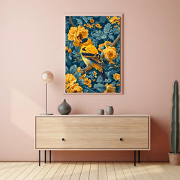 Golden Songbird Wall Art Amidst Blossoms