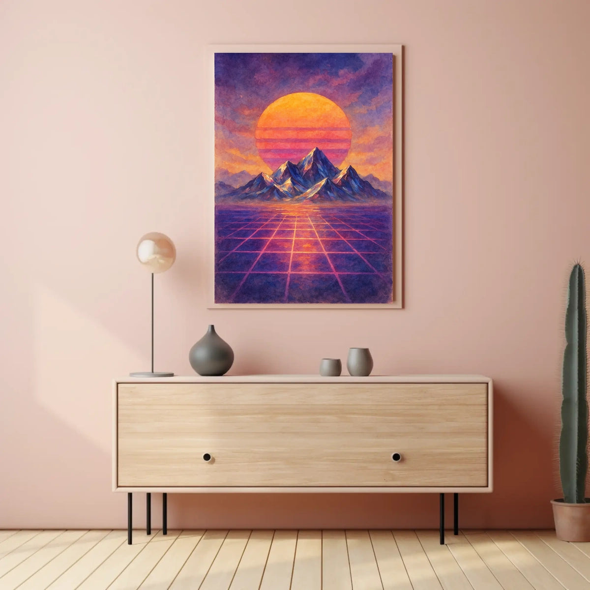 Vibrant Retro-Futuristic Sunset Over Mountains Futuristic Sci-Fi Poster