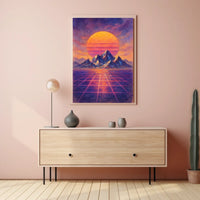 Vibrant Retro-Futuristic Sunset Over Mountains Futuristic Sci-Fi Poster