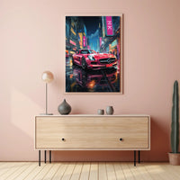 Futuristic Cityscape Sports Car Neon Lights Poster