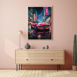 Futuristic Cityscape Sports Car Neon Lights Poster