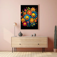 Joyful Floral Faces: Whimsical Art Poster Print