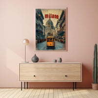 Vintage Tram Scene in Historic Milan Urban or Cityscape Poster