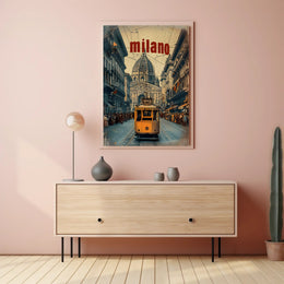 Vintage Tram Scene in Historic Milan Urban or Cityscape Poster