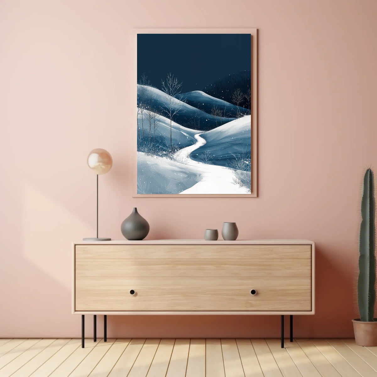 Winter Night Serenity: Minimalist Landscape Art Poster