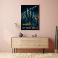 FLY NEW YORK: Nighttime Urban Cityscape Travel Poster