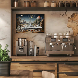Surreal Dreamscape with Chaotic Still Life Artistic Poster