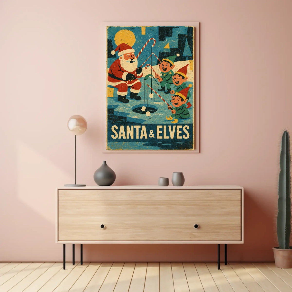Santa's Whimsical Ice Fishing Vintage Christmas Poster