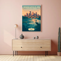 The poster depicts a serene and picturesque representation of Minneapolis, Minnesota, known as Travel Poster
