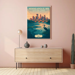 The poster depicts a serene and picturesque representation of Minneapolis, Minnesota, known as Travel Poster