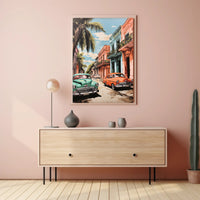 Vintage Cars In A Tropical Street Poster