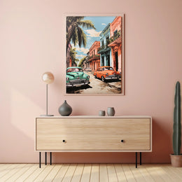 Vintage Cars In A Tropical Street Poster