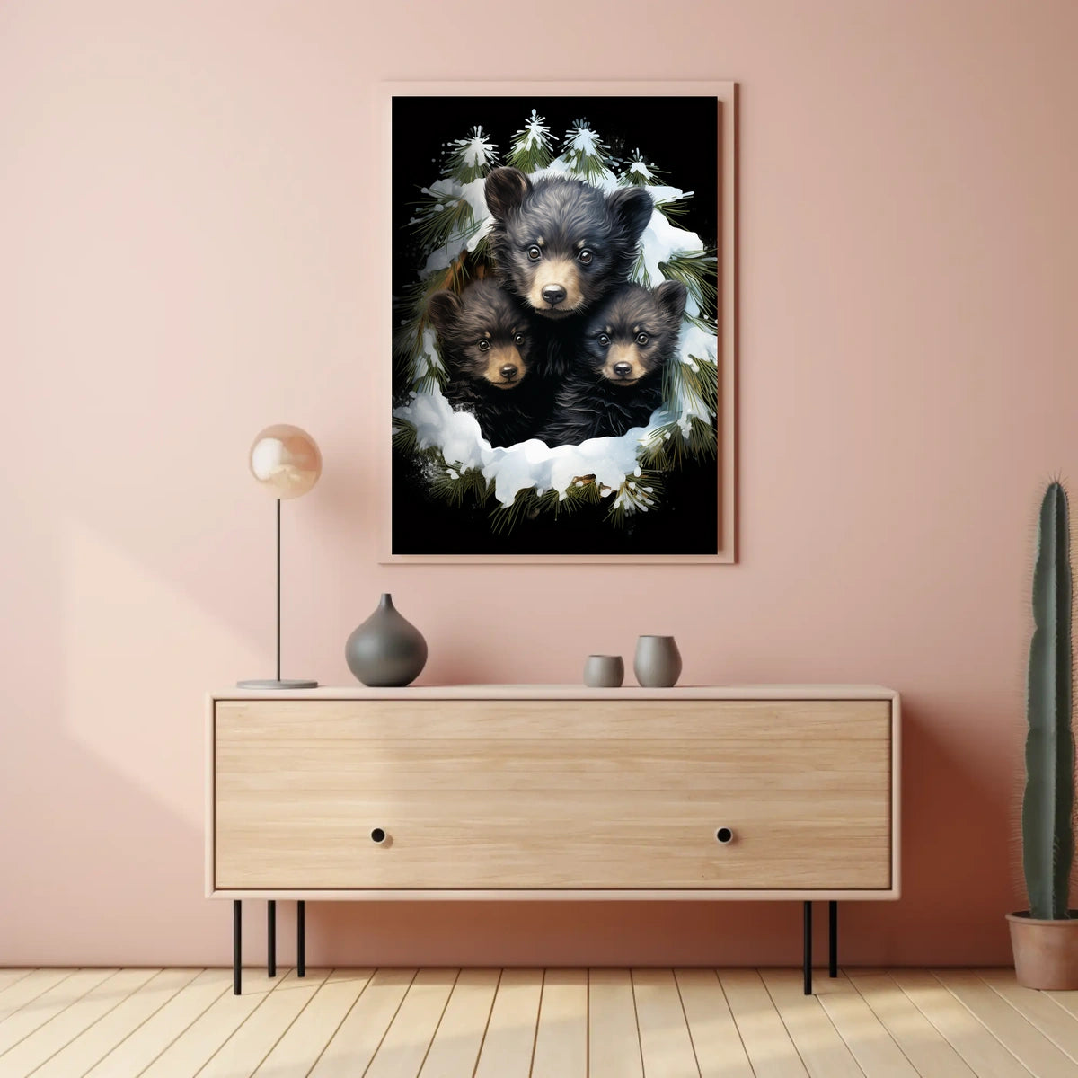 Winter Forest Bear Cubs Photorealistic Art Poster