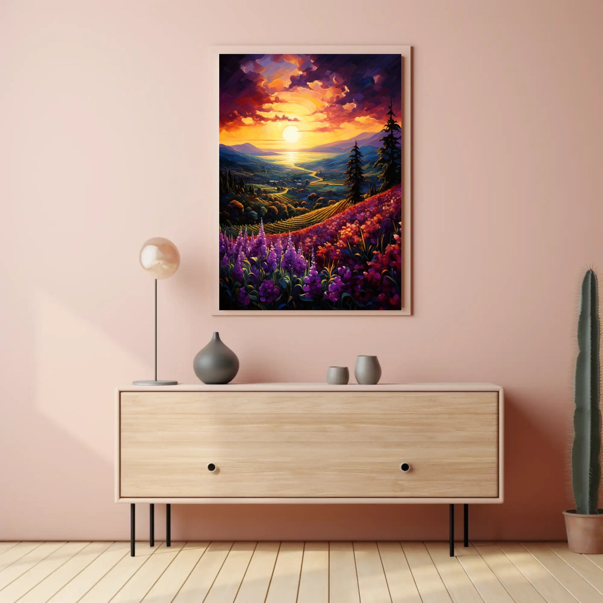 Vibrant Sunset Over Idyllic Countryside Landscape - Artistic Poster