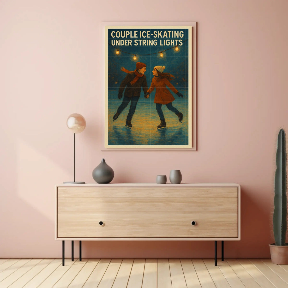 Couple Ice-Skating Under String Lights Poster