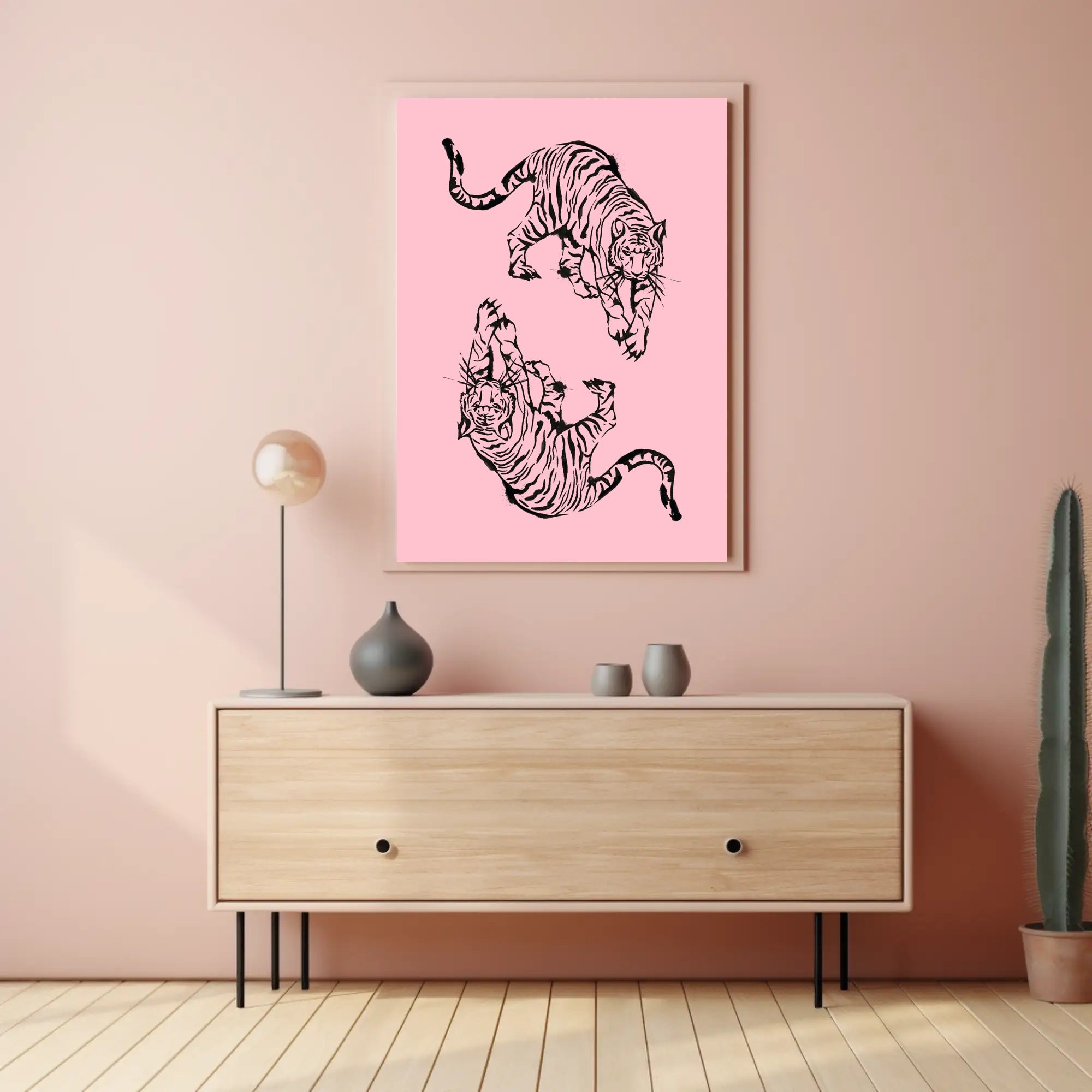 Stylized Black Ink Tigers on Pink Artistic Poster PosterGoat