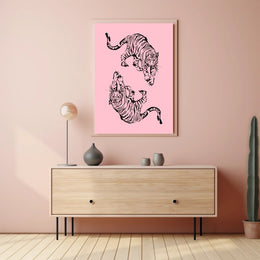 Stylized Black Ink Tigers on Pink Artistic Poster PosterGoat