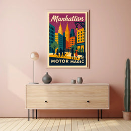 Stylized Manhattan Cityscape in Vibrant Art Deco Urban or Cityscape Poster