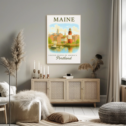 Portland Maine Historic Lighthouse Waterfront Scene Poster